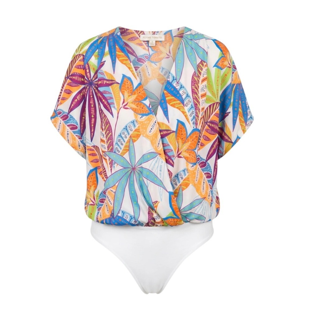 Flying Tomato Take Notes Woven Bodysuit Tropical Surplice Dolman Womens Small